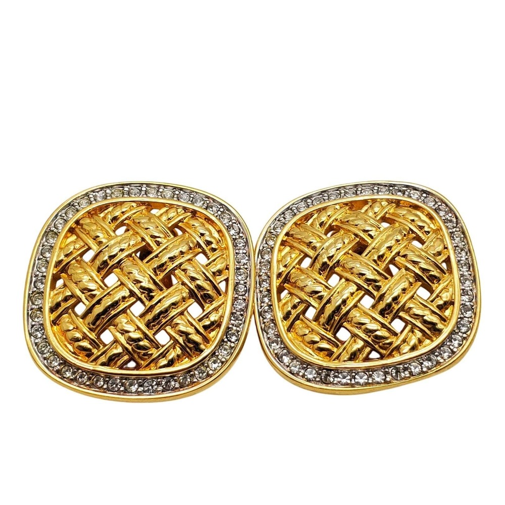 Swarovski Crystal Clip On Earrings Square Basketweave Gold Tone Swan Statement‎